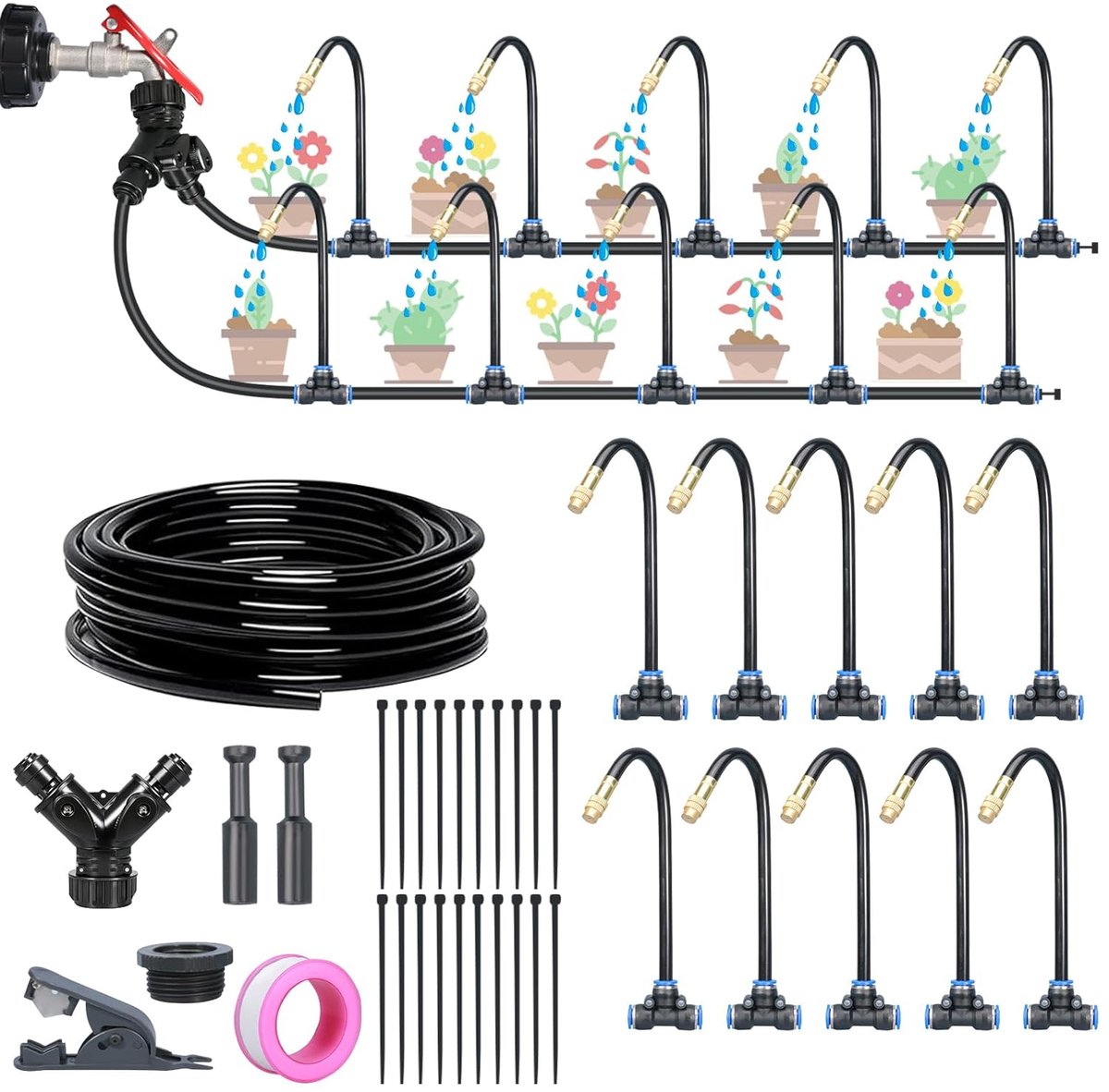Irrigatiesysteem voor de tuin, 5 m, automatische irrigatieset, irrigatiebuizen, druppelirrigatie, micro-drip voor potplanten, verhoogd bed, terras, kas
