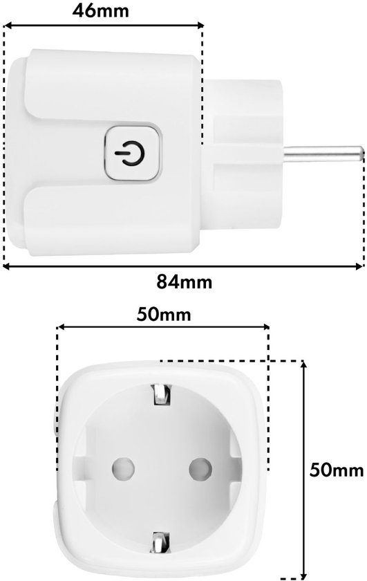 Afmetingen van een witte Wi-Fi slimme stekker: 46 mm x 84 mm. De opening van het stopcontact is 50 mm x 50 mm.
