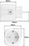 Afmetingen van een witte Wi-Fi slimme stekker: 46 mm x 84 mm. De opening van het stopcontact is 50 mm x 50 mm.