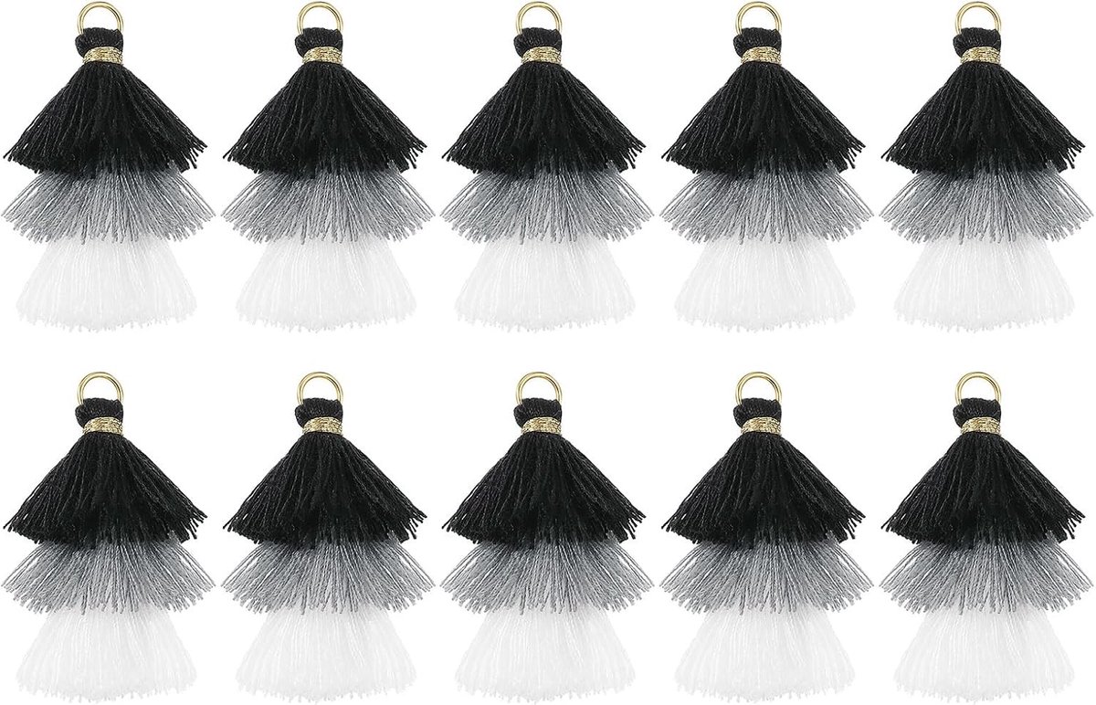 10 stuks kleine drielaagse kwasten 4,6 cm mini-kwasten tashanger Boheemse handgemaakte kwasten sleutelhanger voor doe-het-zelf projecten sieraden maken (zwart/grijs/wit)