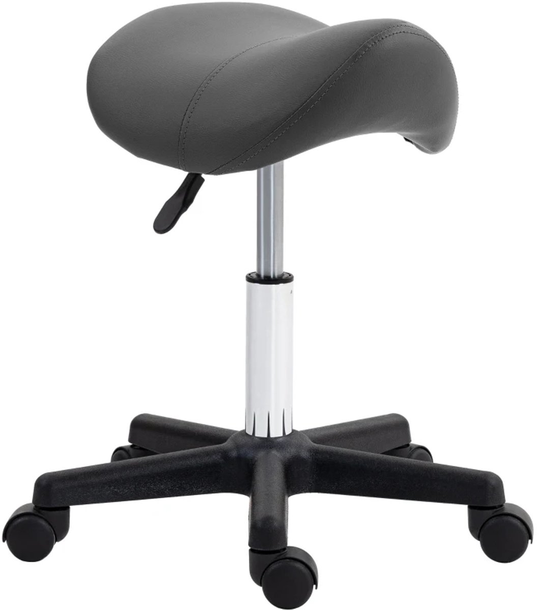 Zadelkruk op Wielen - Zadelstoel - Kapperskruk met Zadelvormige Zitting - Tabouret - 360° Draaibaar - In Hoogte Verstelbaar - Salonstoel - Kruk Stoel - Werkkruk - voor Kantoor, Salon, Massage, Spa - Grijs