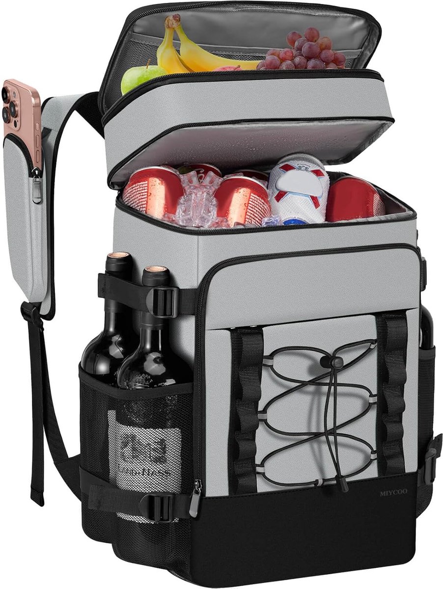 casalora – Geïsoleerde/gekoelde rugzak – 28L (22+6L) – Koeltas – Campingrugzak – Geschikt voor picknicks, kamperen en outdooractiviteiten – Grijs