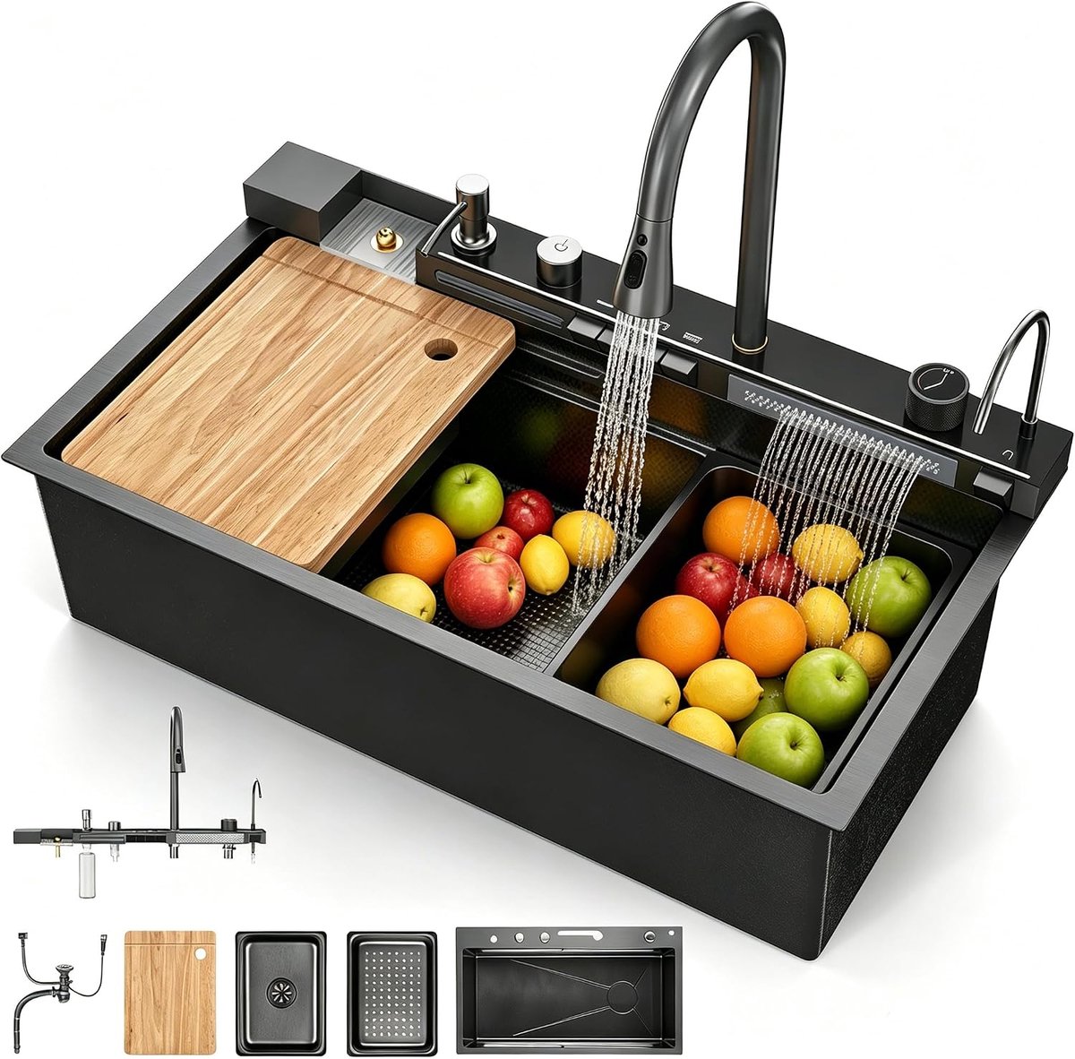 Keuken, gootsteen 1 wastafel, inbouwspoelbak, keukenspoelbak, wastafel keuken met sifon, overloop en afvoergarnituur, multifunctionele moderne waterval met accessoireset, 80 x 45 x 23 cm