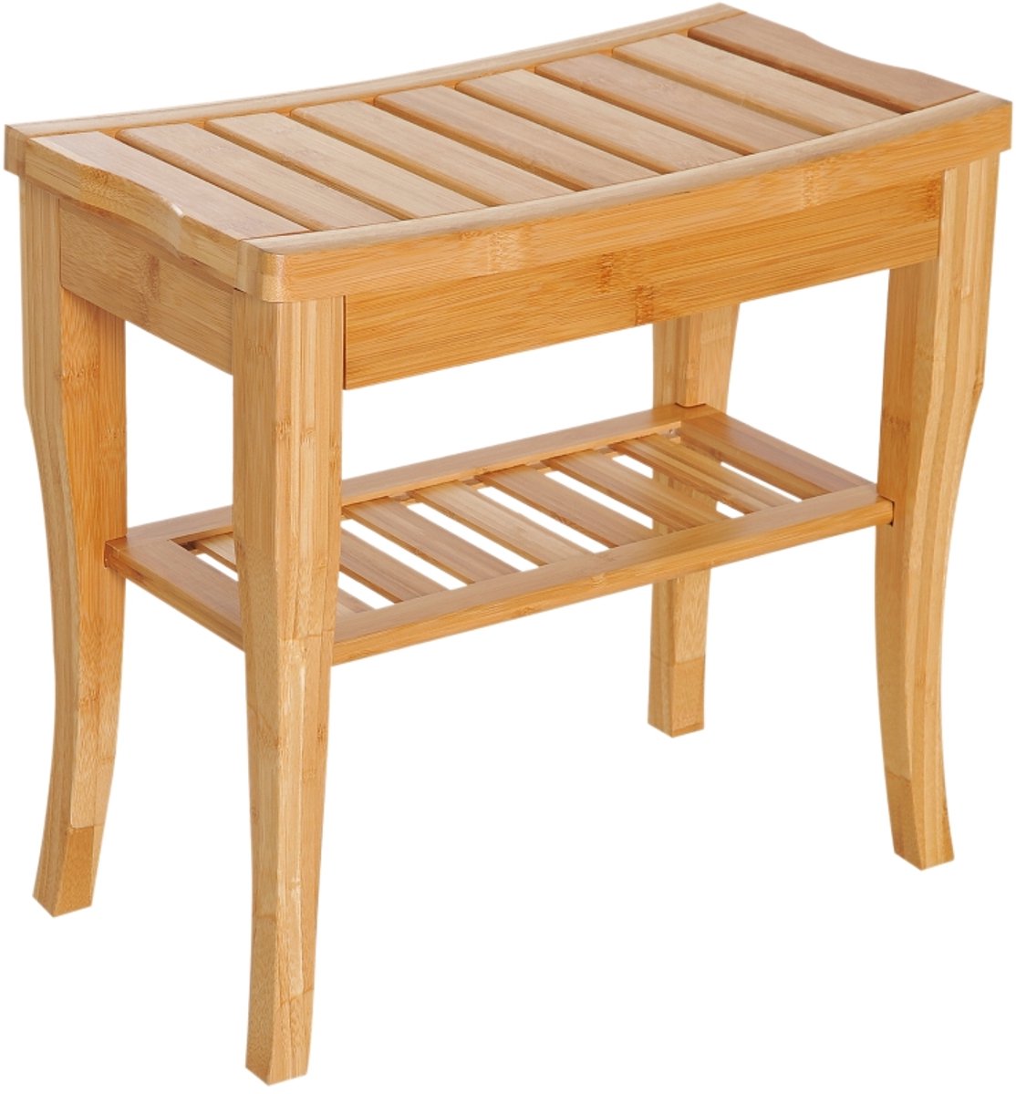 Badkamerkruk 47.5x26x44.5cm Houtkleur Bamboe douchekruk kruk schoenenkruk met opbergplank afgeronde hoeken eenvoudig ontwerp gemakkelijk schoon te maken geschikt voor douchecabine bad en badkamer