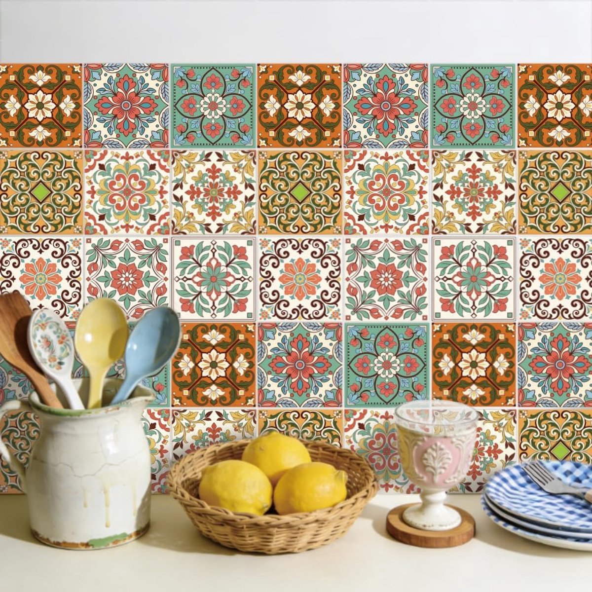 Tegelstickers, 10 x 10 cm, oranje en groen, aftrekbare zelfklevende tegelstickers, pvc, wandtegels, decoratie voor keuken, wasruimte, slaapkamer, muur, tafel
