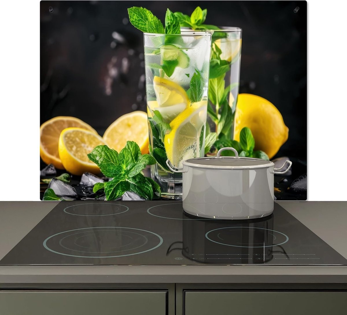 Spatscherm Keuken 52x78 cm Kookplaat Achterwand Beschermer Muur Spatwand Fornuis Aluminium Hittebestendig - Water - Glas - Citroen - Munt