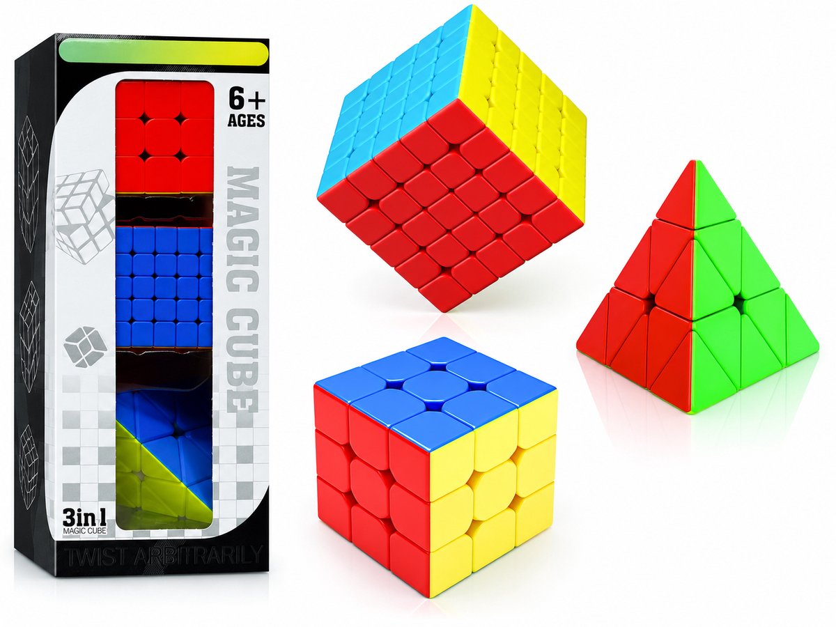 MAGIC CUBE 3-in-1 kubus set - Stickerloos – 3x3 - 5x5 - Pyraminx piramide - Cubes 3in1 - Breinbreker