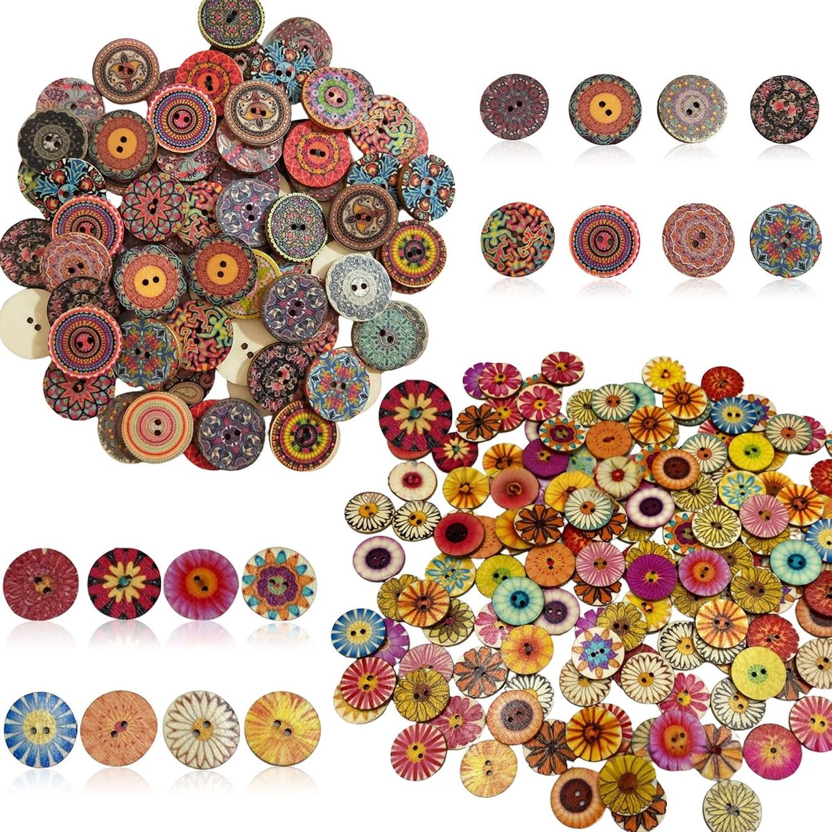 100 stuks 25 mm houten knoppen: 50 stuks Boheemse knopen + 50 stuks madeliefjesstijl knopen retro decoratieve knopen voor naaien en knutselen