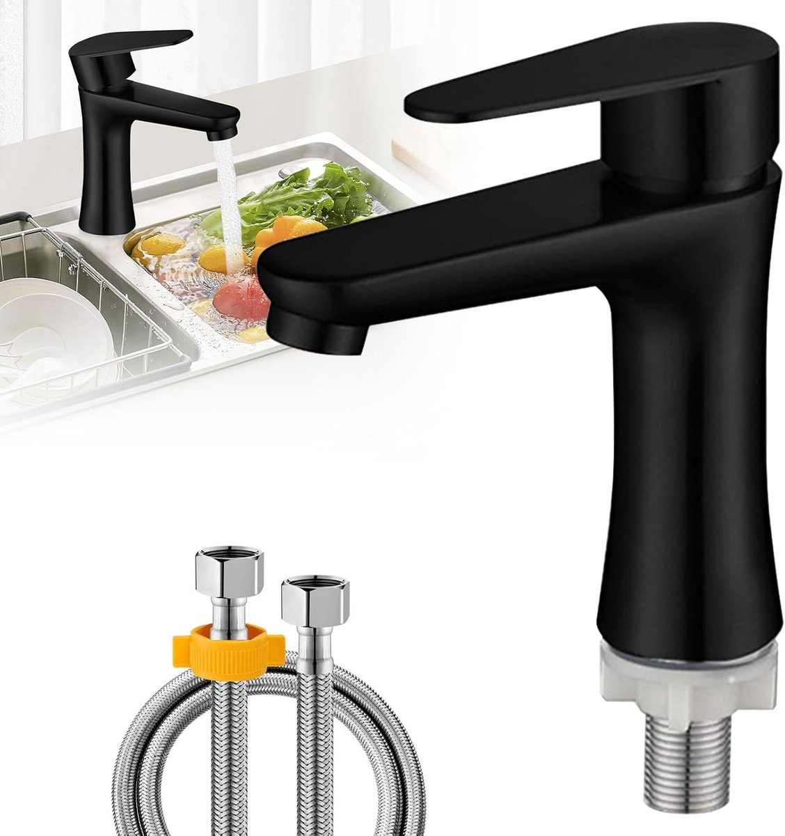 Kraan, wastafelmengkraan, badkamerkraan, handwastafelarmatuur, roestvrij staal, koudwaterkraan, wastafelkraan met slangen voor toilet, badkamer