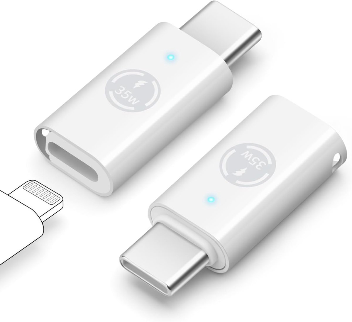 Lightning-naar-USB-C-adapter met PD35W 2 stuks, ondersteunt PD- en QC-opladen en gegevensoverdracht, voor iPhone 17/16/15, Galaxy en andere type C-apparaten
