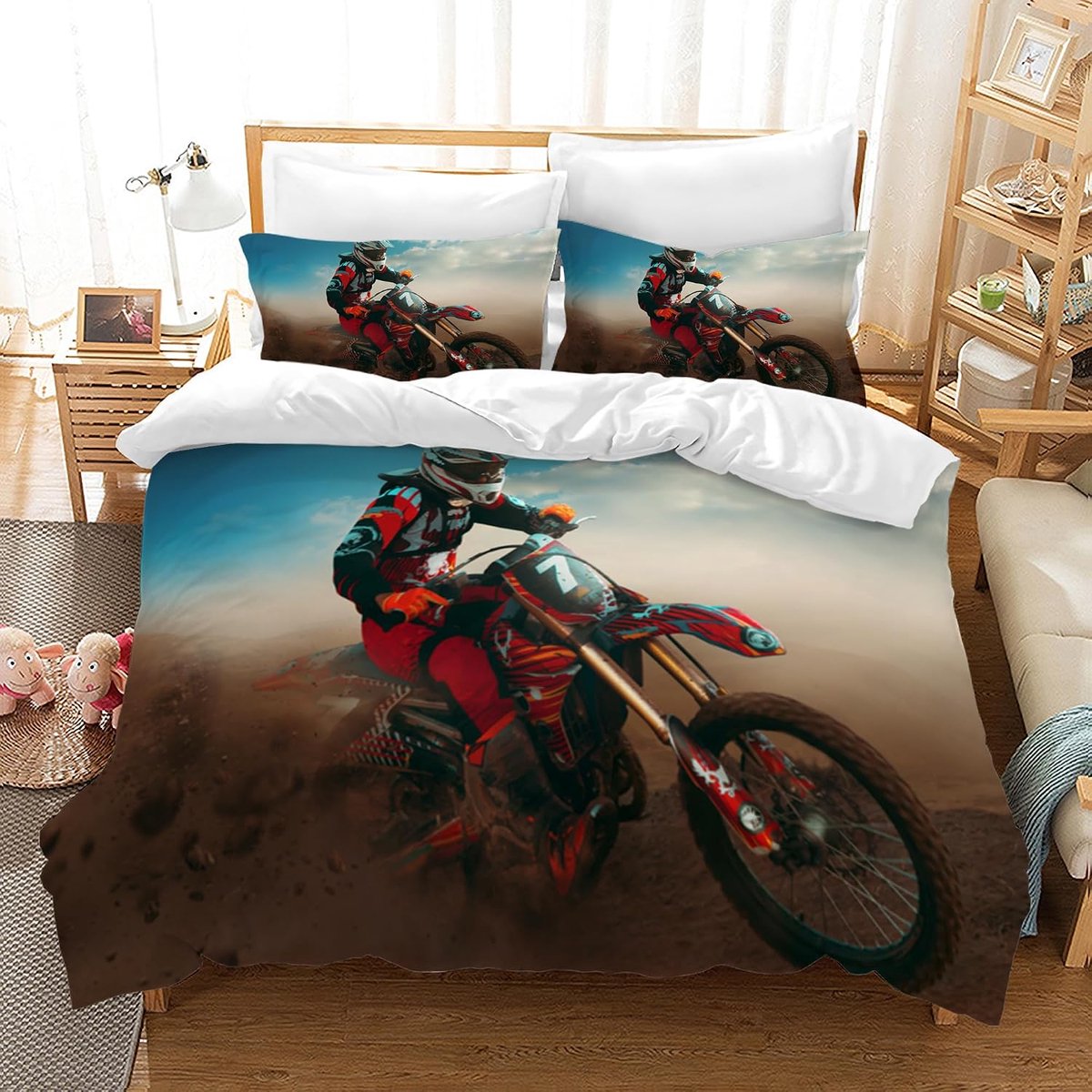 Beddengoedset Tieners Cool Motorfiets bestuurder beddenset voor kinderen jongens motocross thema dekbedovertrek set, microvezel 3-delig met kussensloop (200 x 200 cm, motorfiets D)