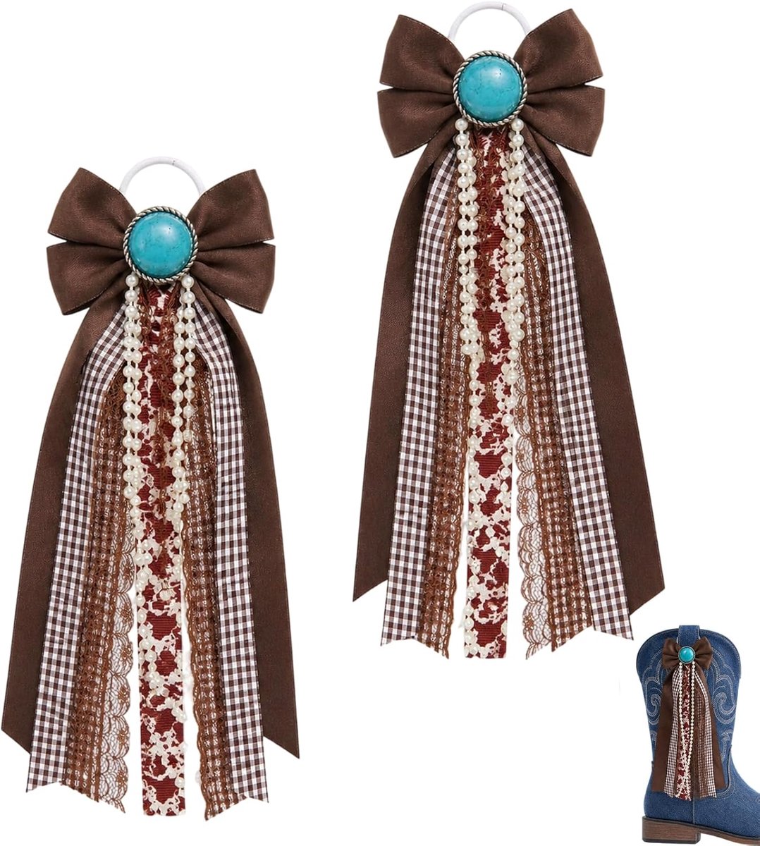 2 Stuks Bruin Cowboylaarzen Strikken, Ruit Satijn Kant Kralen Schoenversiering, Western Enkellaarzen Accessoires voor Dames