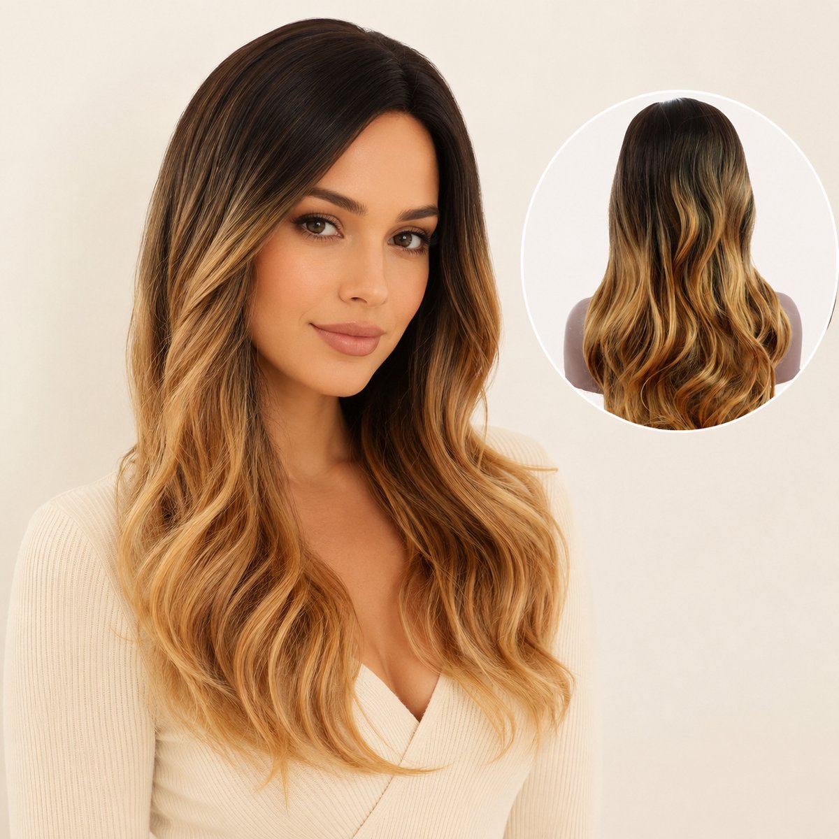 Pro Care Excellent Quality® Lange Pruik Dames – Ombre Donkerbruin Honingblond – Golvend Haar – Verstelbaar – Hittebestendig tot 150°C – Wasbaar – Natuurlijke Look - 63 cm