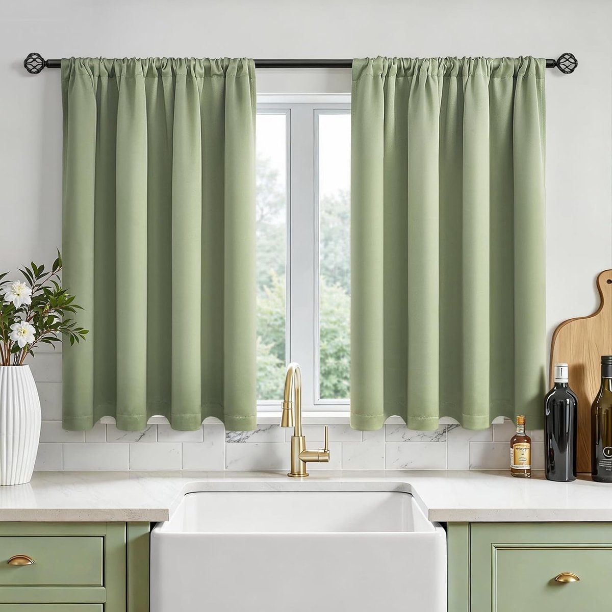 Vitrage ondoorzichtig, groen, voor keuken, klein, kort, raam, caravan, 2-delig, 60 x 120 cm (h x b), bistrogordijn met stangdoorgang, modern, kort gordijn, keukenraam, waterafstotend
