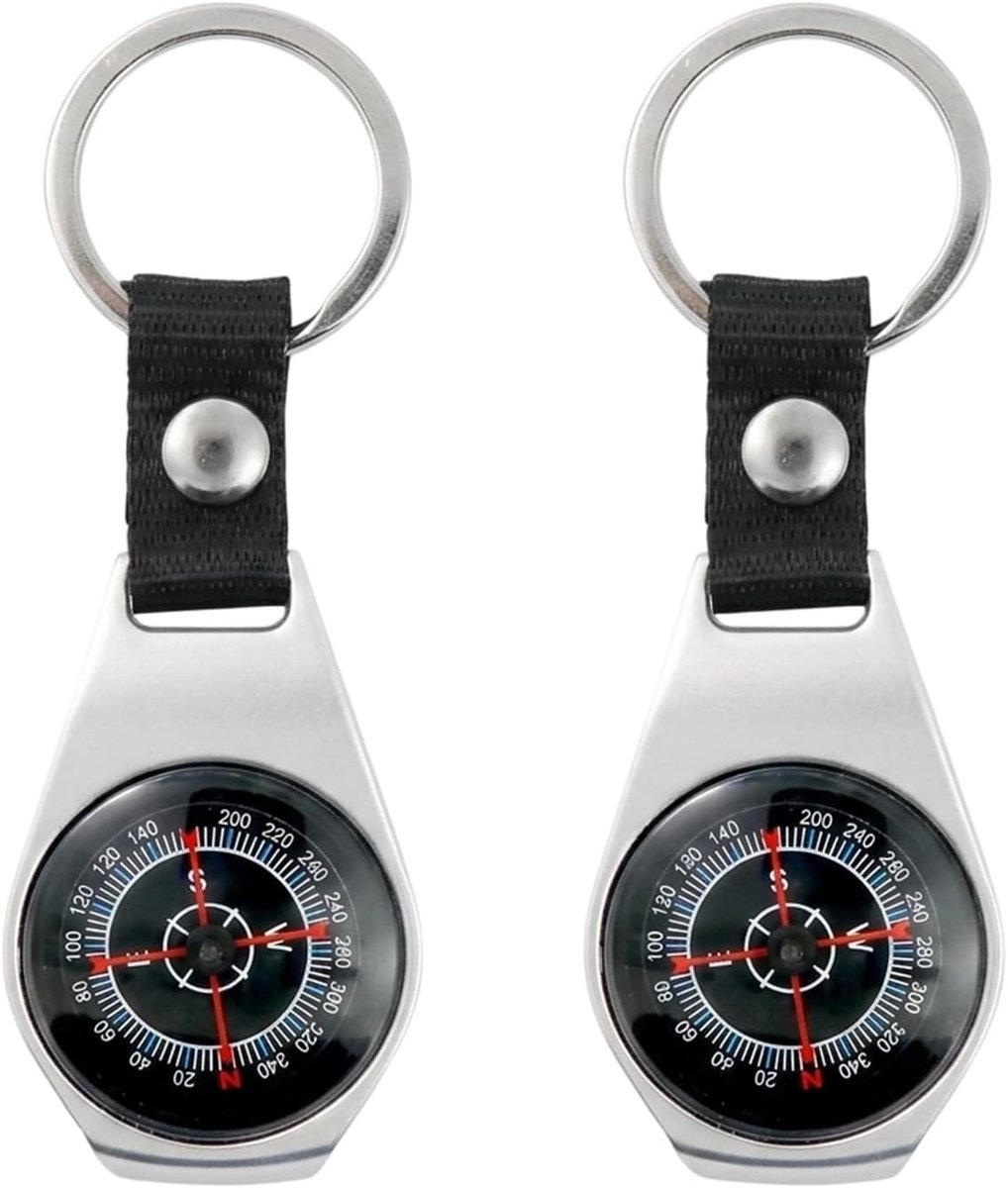 Set van 2 aluminium kompassleutelhangers, waterdicht kompas outdoor, nauwkeurige navigatie voor kamperen, wandelen, vissen, compact kompas, 3 x 5 cm, als cadeau voor avonturiers