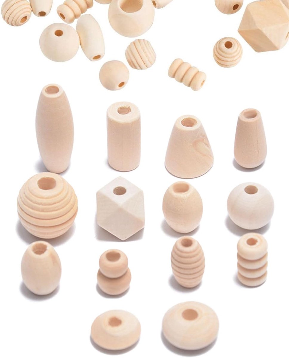 200g Verschiedene Natürliche Holzperlen Round & Cube & Polygon & Column Geometrische Perlen met Loch Spacer Beads Onvoltooide Lose Holzperlen voor sieradenvervaardiging van armbandkettingen