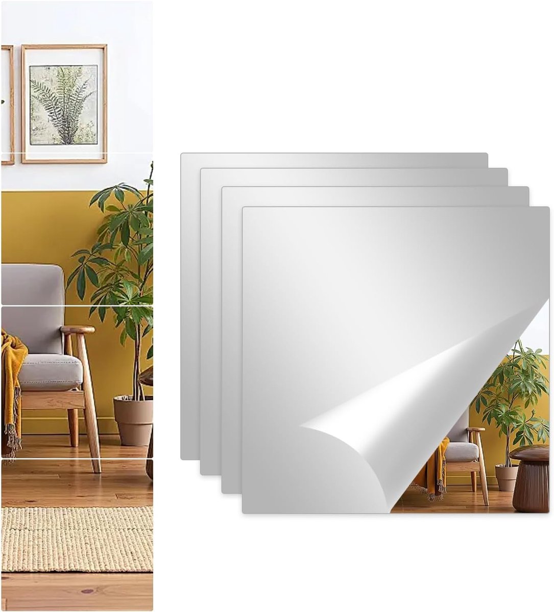 Spiegeltegels, zelfklevend, 20 x 20 cm, 10 stuks, vierkante spiegelstickers, verwijderbare acrylplakspiegels voor muren, badkamer, garderobedeuren, doe-het-zelf woondecoratie