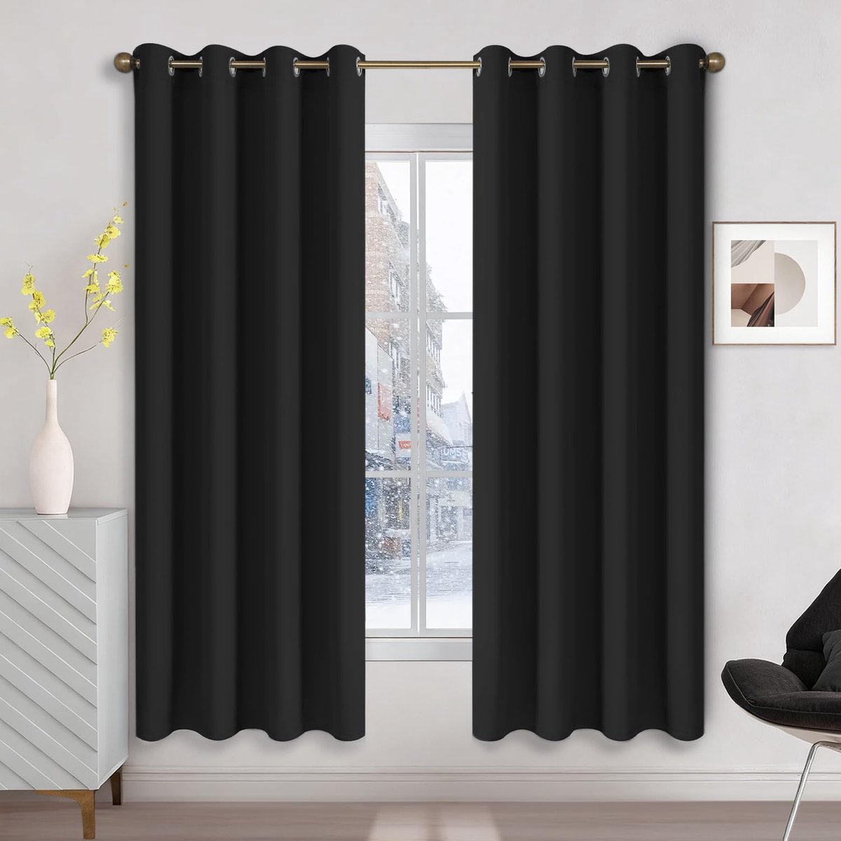 Verduisteringsgordijn, isolerend, tegen kou, 140 x 175 cm (b x h), 2 stuks, raam, ondoorzichtig, zwart, met oogjes, anti-hitte, uv-bescherming, lawaai, binnen, decoratie, kleedkamer