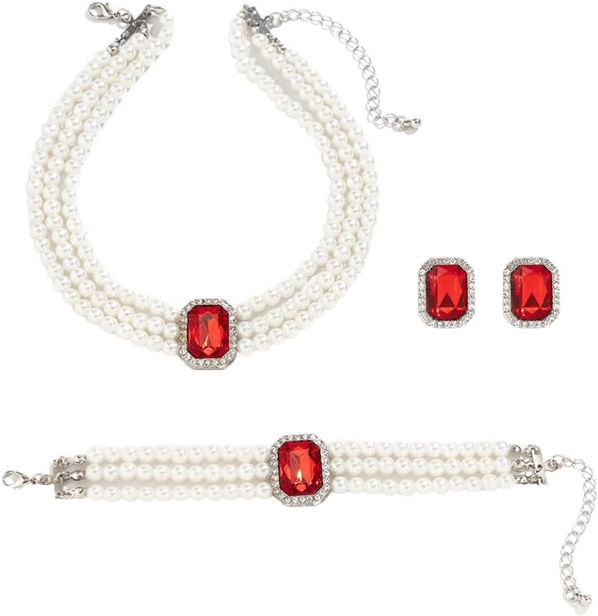 Parelsieradenset voor dames, 3 stuks, parelketting, oorbellen, armbandset, vintage, meerlagige parelketting, kristal, armband, sieradencadeau voor Valentijnsdag, verjaardag, Moederdag, feest,