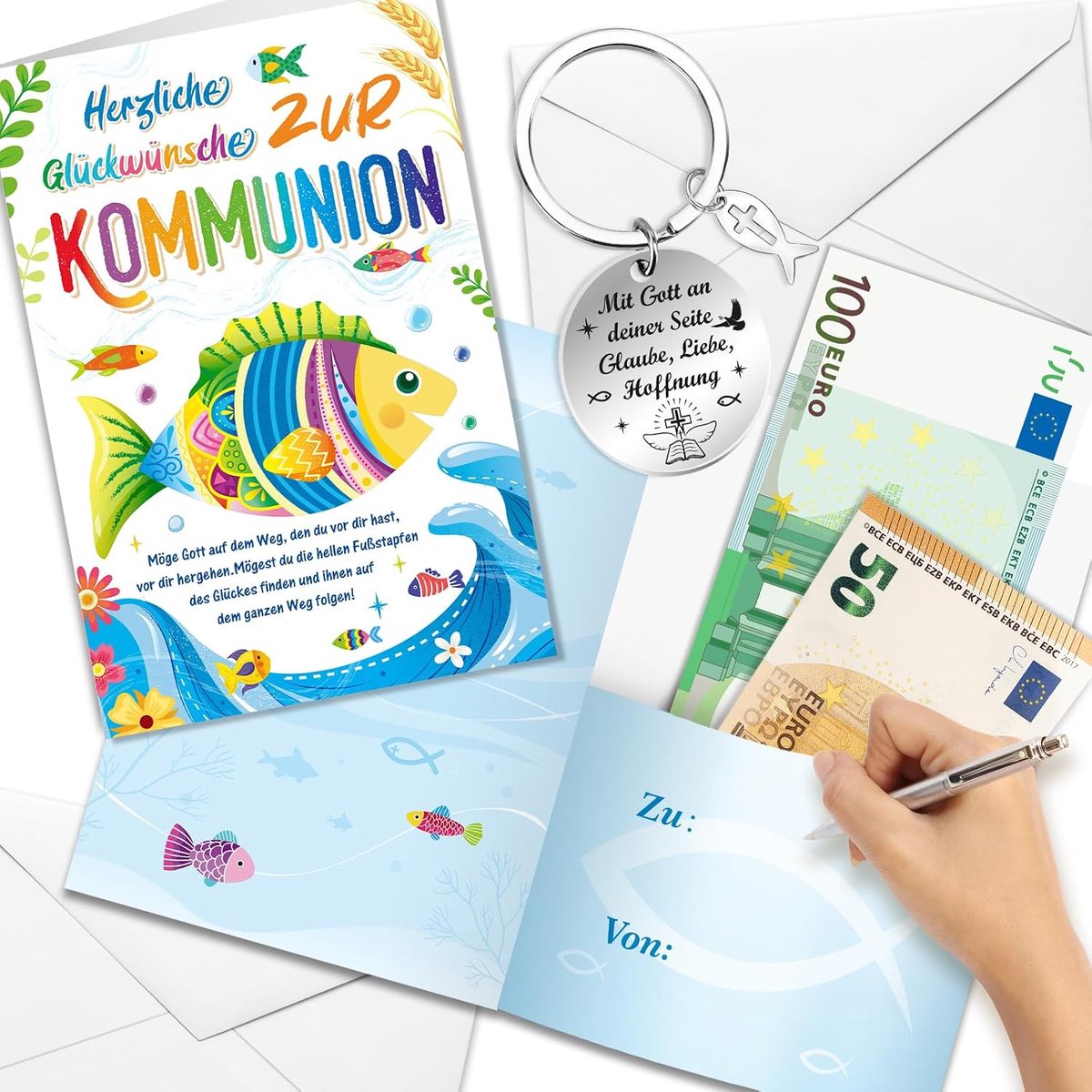 Communie cadeau jongens meisjes kaart geldgeschenk communie sleutelhanger cadeau-idee, communie kaart met envelop, kleine cadeaus voor communie eerste communie jongens meisjes