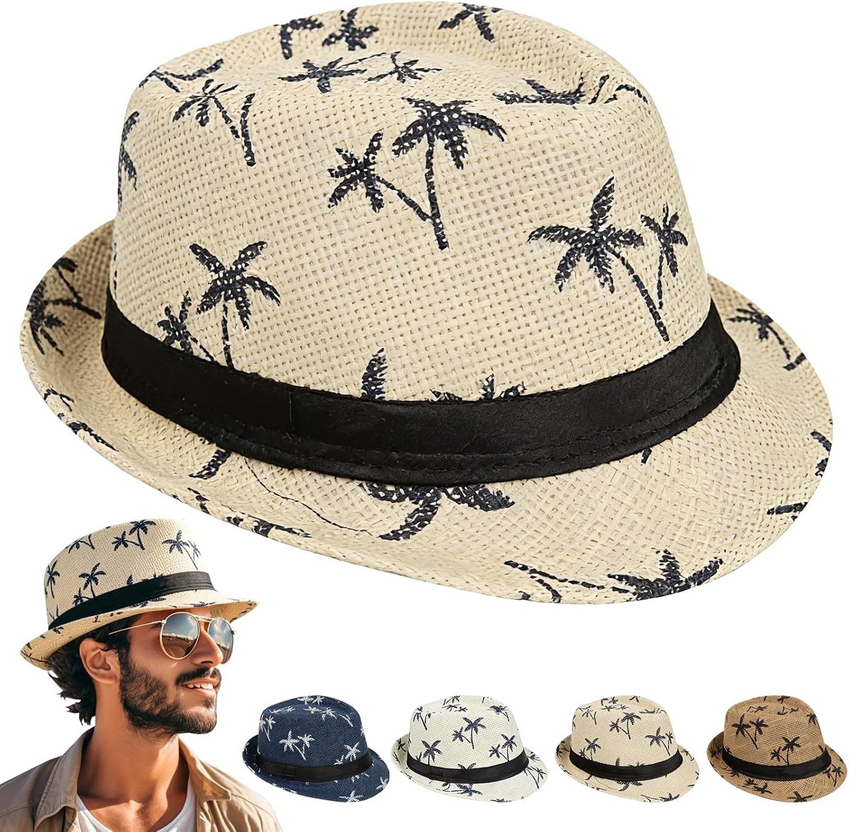 Strohoed voor heren, panama strohoed met korte rand, palmprint, voor tropisch, vakantie, themafeest, maat 58, geschikt voor de meeste mensen