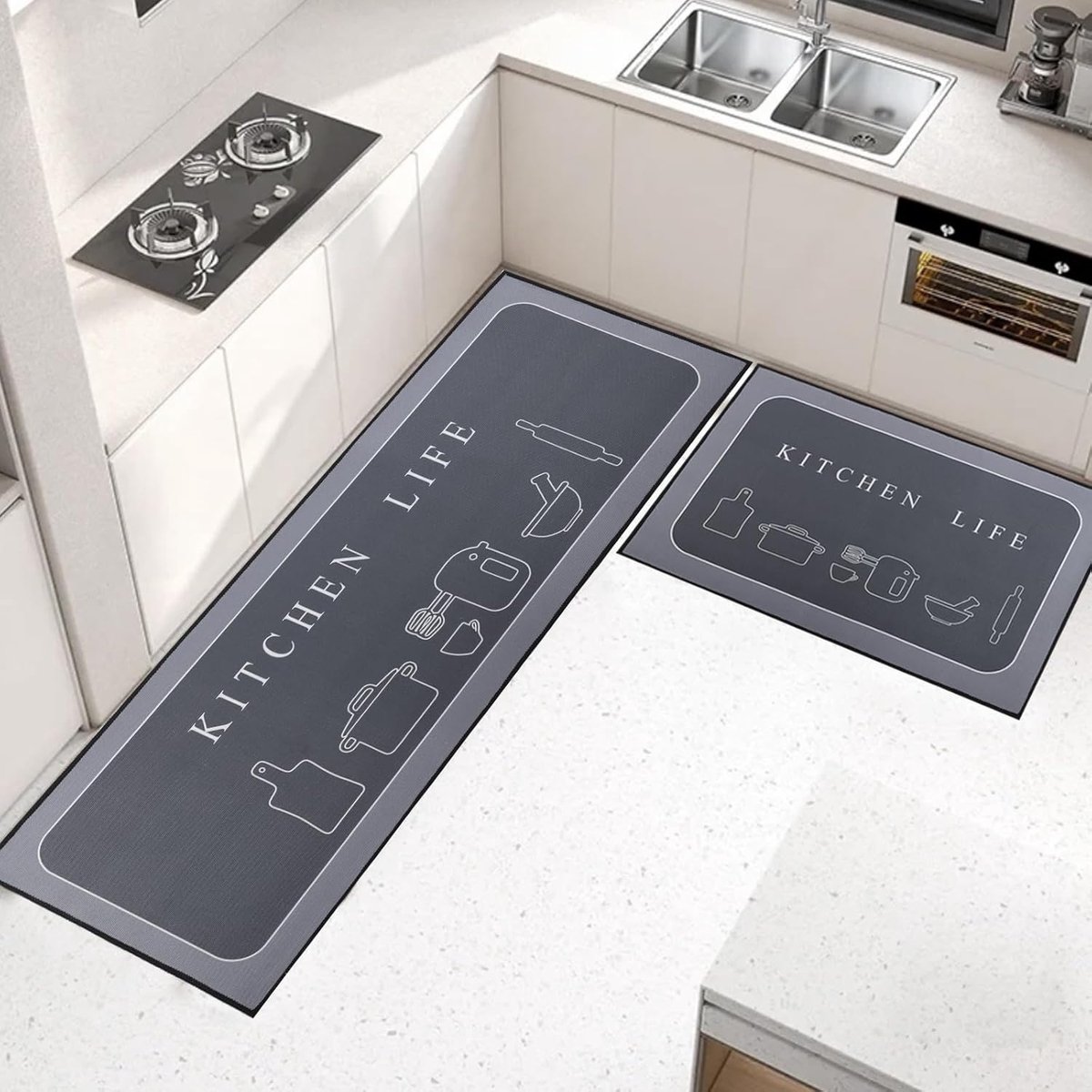 2 stuks keukentapijten, antislip wasbare keukenvloermatten, waterabsorberend, voor keuken, hal, woonkamer, slaapkamer, zwart, 43 x 75 + 43 x 150 cm
