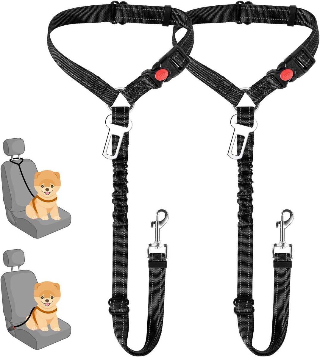 Hoofdsteun en veiligheidsgordel, verstelbaar, voor honden, veiligheidsharnas voor auto, met elastische schokdemper, voor voertuigen