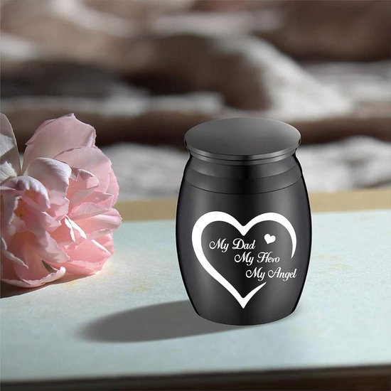 Kleine aandenken-urn voor menselijke as vuurbegrafenis mini decoratieve urnen dad memorial ashouder zwart gegraveerd roestvrij staal voor papa 30 x 40 mm My Hero Angel — afbeelding 3