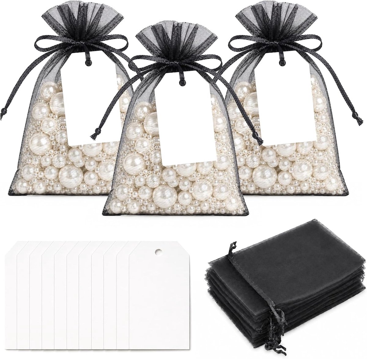 25 zwarte organzazakjes met cadeaulabels, 10 x 15 cm, met witte papieren etiketten van 4 x 7 cm, ideaal voor bruiloften, gastgeschenken, feesten en sieraden