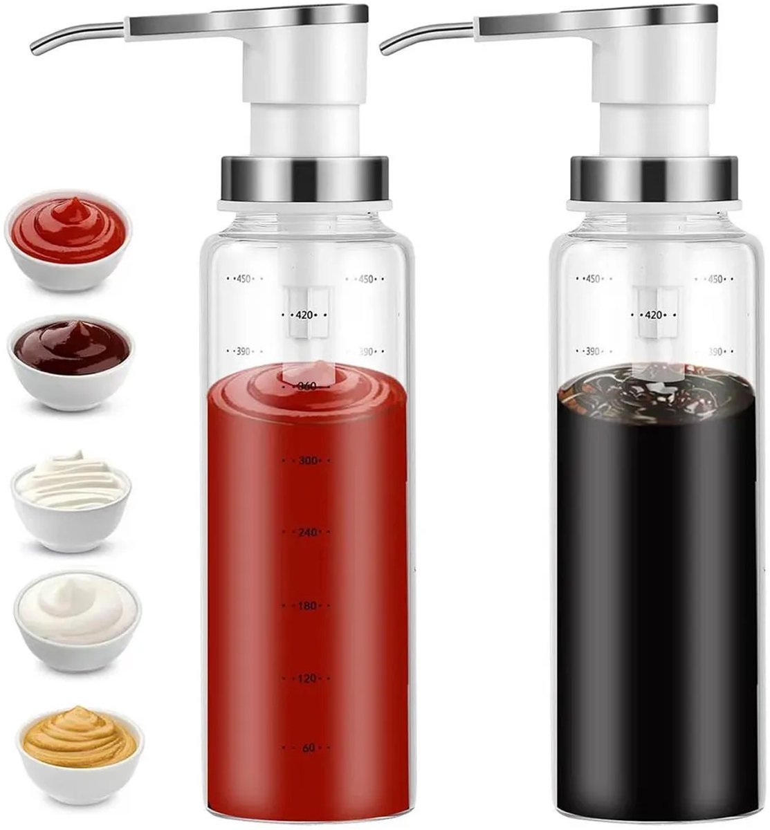 Sausfles van 500 ml van borosilicaatglas Geschikt voor een nauwkeurige doseeropening van 8 ml en vacuümpomp, lichtwit, Geschikt voor keukens en eettafels.
