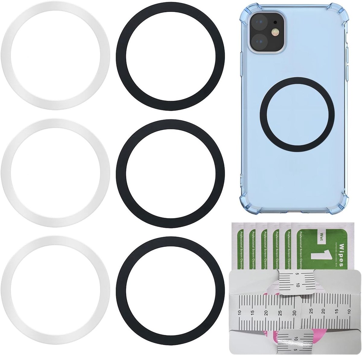 6 stuks universele magneetring, ultradun, zelfklevend, metaal, universeel, bevestiging aan de houder en accessoires (zwart + wit)