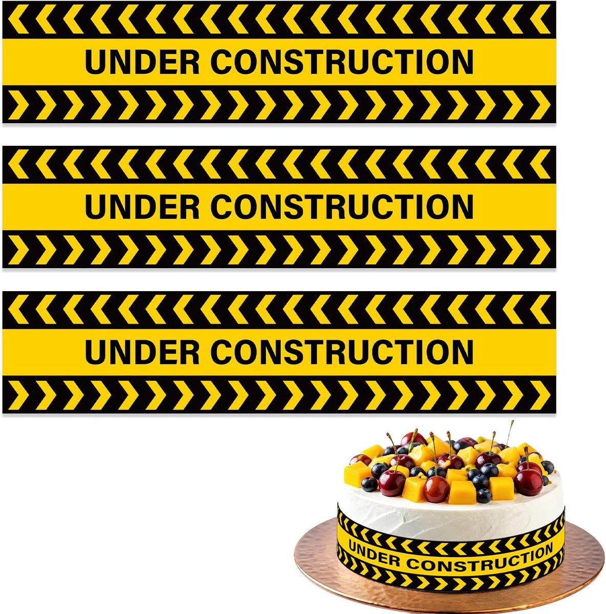 3 Stuks Eetbare Taartrandstrips, 28x6,2cm Bouwthema Kleefrijstpapier Taartstrips Voorgesneden Verjaardagstaartdecoratie voor Bouwfeest en Verjaardagsfeest