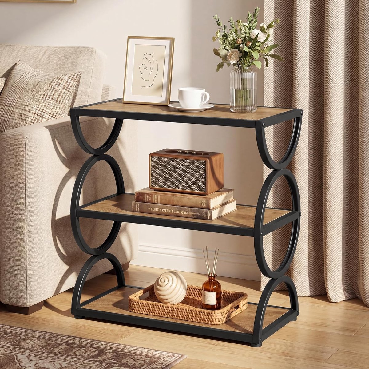 Tribesigns Bijzettafel - Eindtafel met 3 Opbergplanken - Houten Bijzettafel met Bruin Metalen Frames - Tafel - Sidetable voor Woonkamer, Thuiskantoor, Slaapkamer - 60 x 30 x 60 cm