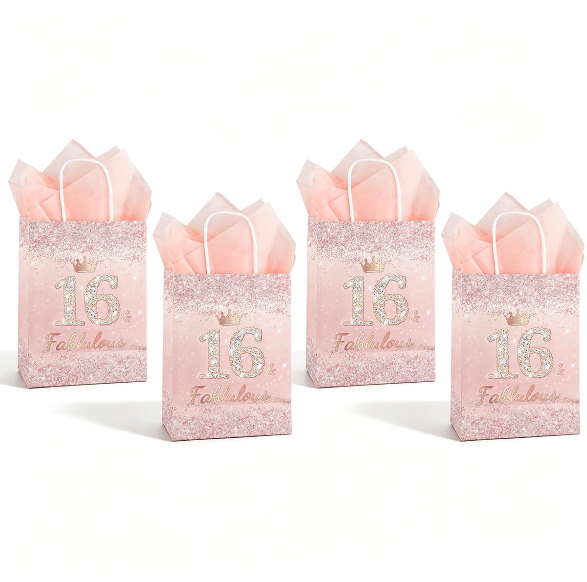 Omgoods - 4 Geschenkzakjes voor 16e Verjaardag in Roze en Goud