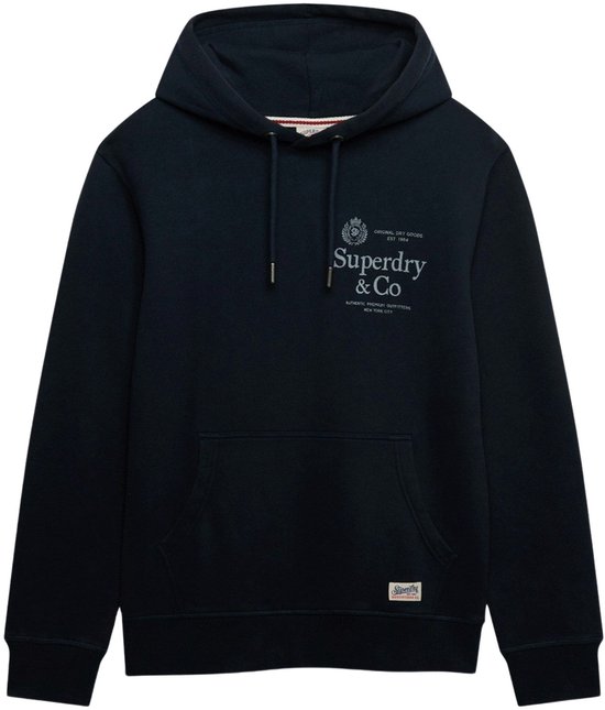 Donkerblauwe hoodie met 'Superdry & Co' opdruk, trekkoord en voorzak.