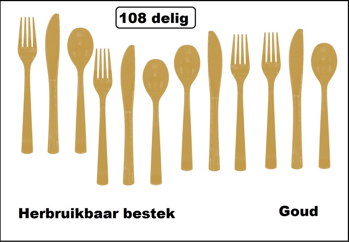 108-delige set herbruikbaar bestek goud - Diner BBQ themafeest