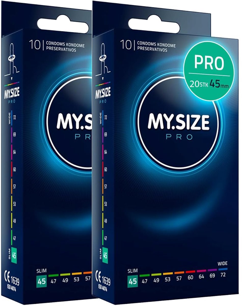 MY.SIZE PRO 20 stuks 45mm ELITE – Extra smal, hooggezuiverd Vytex-latex voor minder geur, zeer gemakkelijk te openen en af te rollen