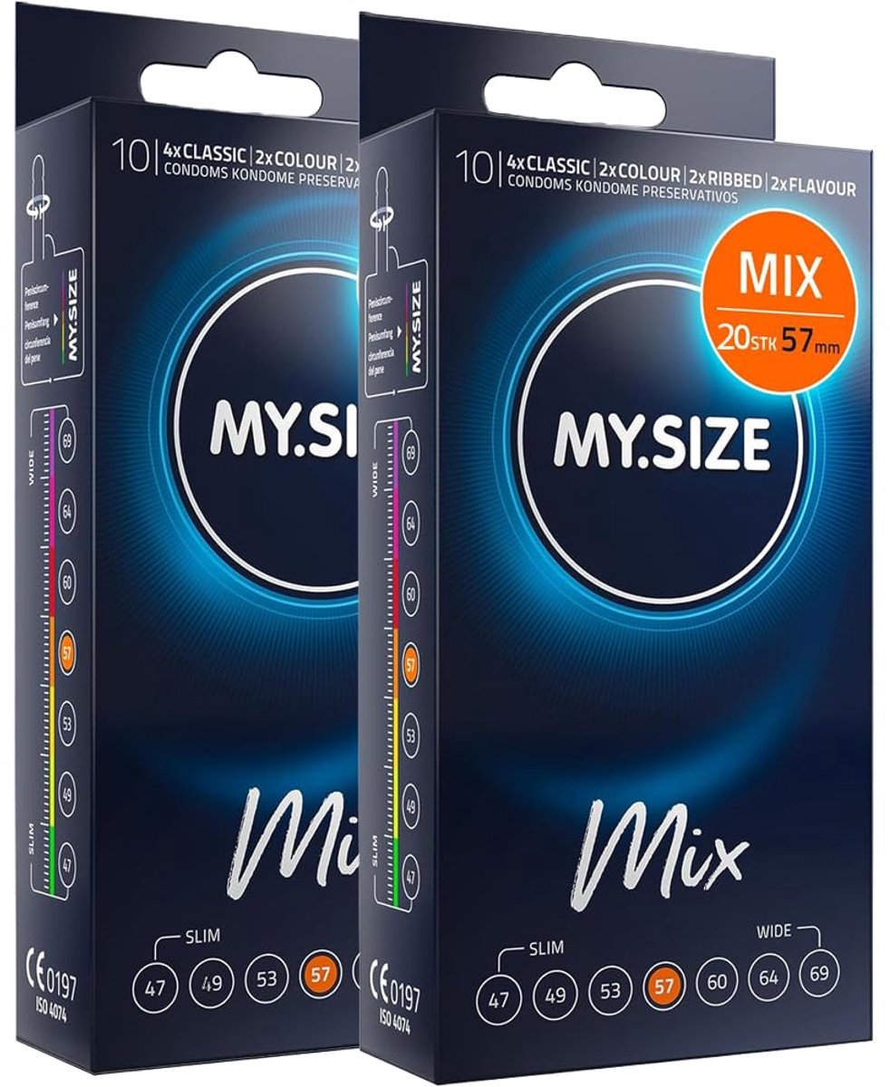 MY.SIZE Mix condooms 57mm 20 stuks – Maat XL | Variaties: blauw, rood aardbeismaak, geribbeld, natuurlijk | Premium condooms | Duits merk | Dikte 0,07mm | van rubberlatex