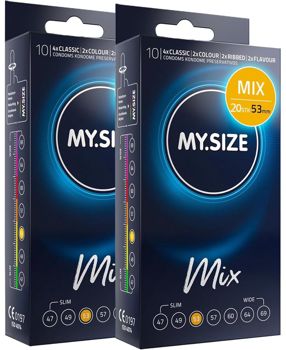 MY.SIZE Mix condooms 53mm 20 stuks – Standaardmaat | Variaties: blauw, rood aardbeismaak, geribbeld, natuurlijk | Premium condooms | Duits merk | Dikte 0,07mm