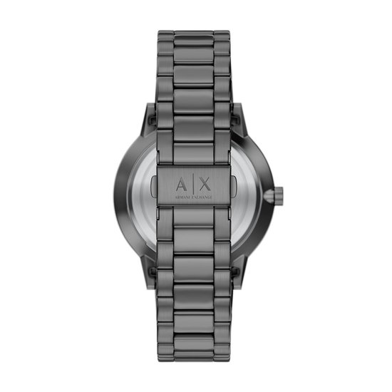 Achterkant van het grijze Armani Exchange horloge met roestvrijstalen schakelband en A|X logo op de sluiting.