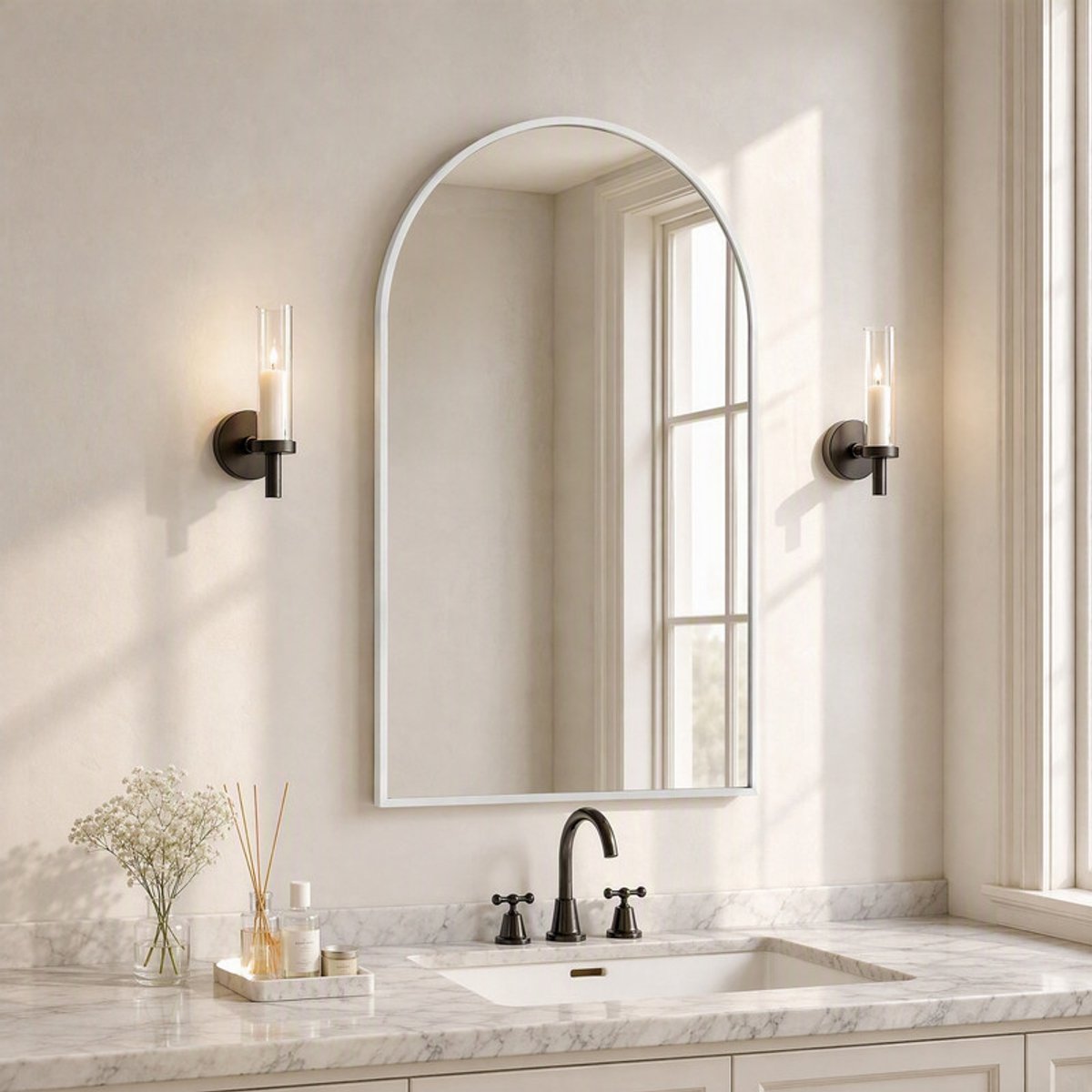 Boogvormige Wandspiegel 61x91 cm Wit met Aluminium Frame, Vervormingsvrij Veiligheidsglas – Spiegel voor Badkamer, Slaapkamer en Hal