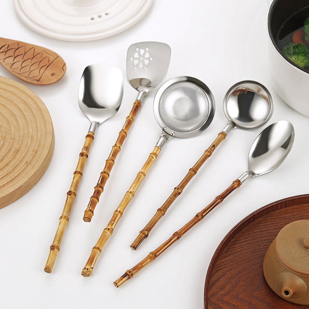 Claoner Soeplepel set - 5 stuks - RVS met bamboe handvat - Geperforeerd - Voor hotel keuken - Cadeau - Huis