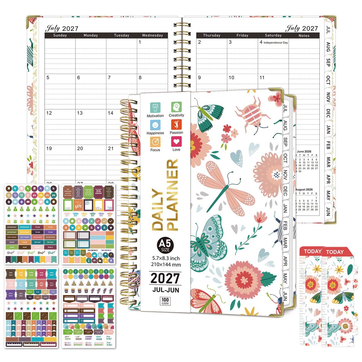 Namajunas - Planner 2027 - Weekplanner - A5 Agenda - Agenda 2027 - Weekplanner Kind & Volwassen - Schoolagenda - Weekplanner Papier - Deskplanner - Week to view agenda - To do planner - Met 4 Planner Stickers & 2 Bladwijzer - Bloemen & Insecten