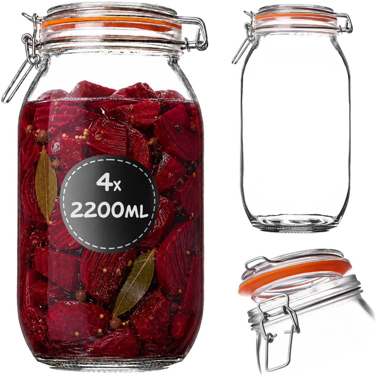 KADAX inmaakpot 4 stuks 2,2 l met beugelsluiting, luchtdichte glazen pot met rubberen afdichting en deksel, augurkenpot, grote glazen voorraadpot, fermentatiepot