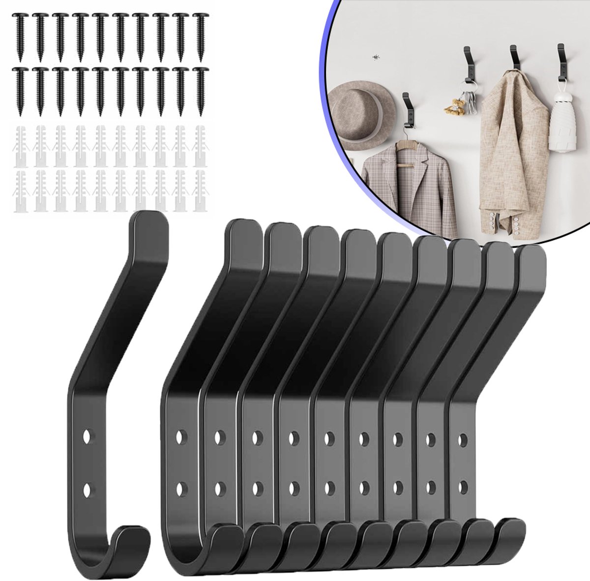 Set Van 10 Haken Van Koolstofstaal Met Een Draagvermogen Van 10 kg - Stevig Corrosiebestendig Met Schroeven Te Bevestigen - Voor Slaapkamer, Badkamer En Keuken - Zwart