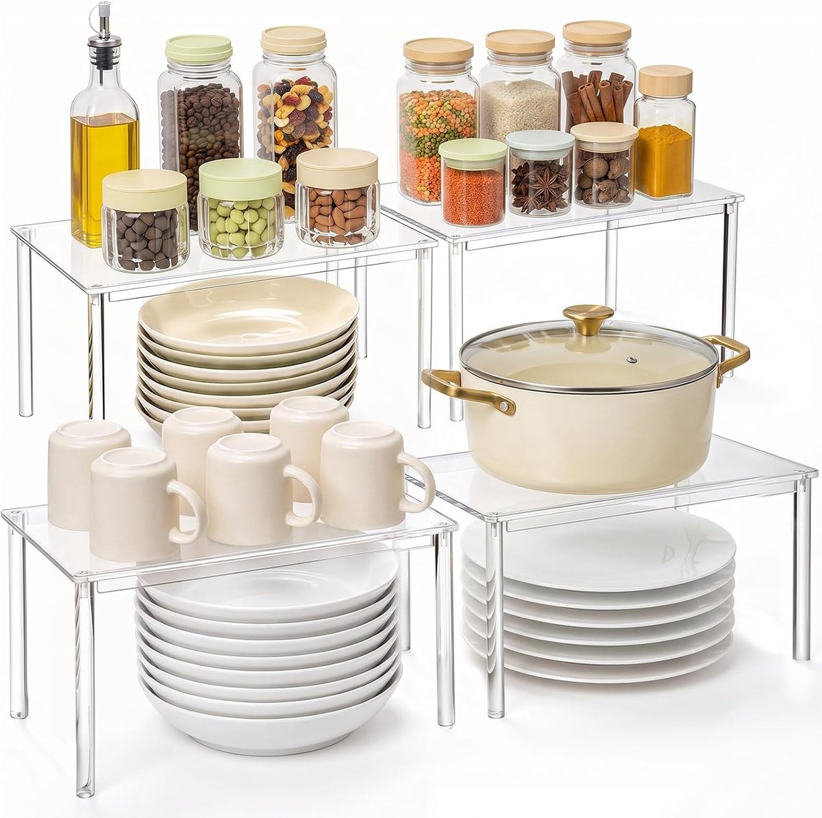 Opbergsysteem keukenkastjes - Transparant - Set van 4 acryl organizers - Stapelbare keukenopbergers voor kruiden en kopjes