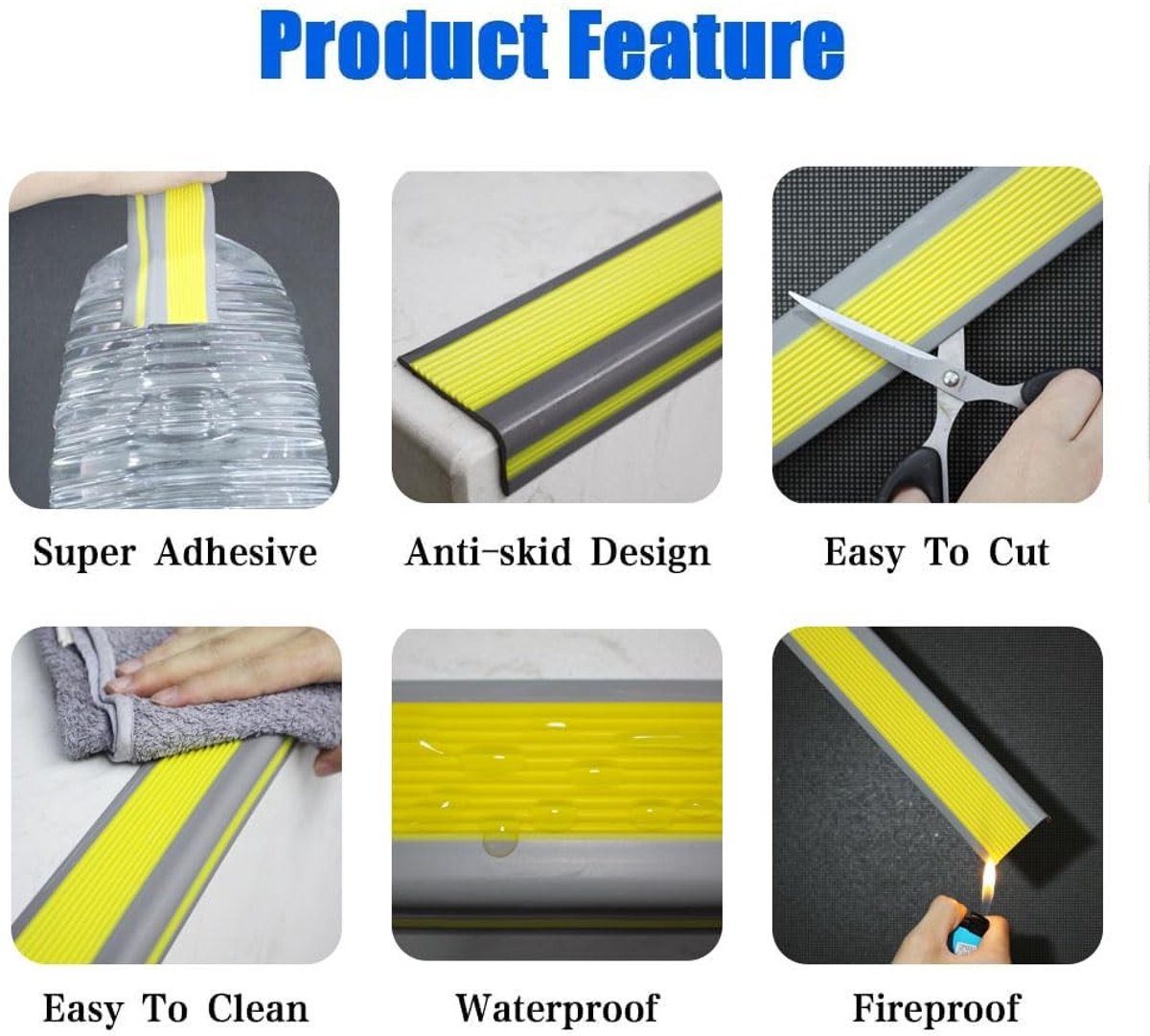Non-slip trapleuningen met zelfklevende vinylrand, PVC rubberen hoekstrip voor veilige trappen (50x25mm, grijs met geel)