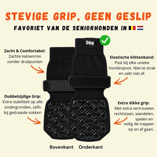 Zwarte antislip hondensokken met extra dikke grip, elastische klittenbandsluiting.