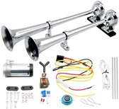 12V luchthoorn - 43 cm - 600 dB - Dubbelbuis luchthoorn - Extra luide luchthoorn - Luchthoorn van zinklegering - Inclusief compressor - Geschikt voor auto's, SUV's, motoren, treinen en boten - Zilver