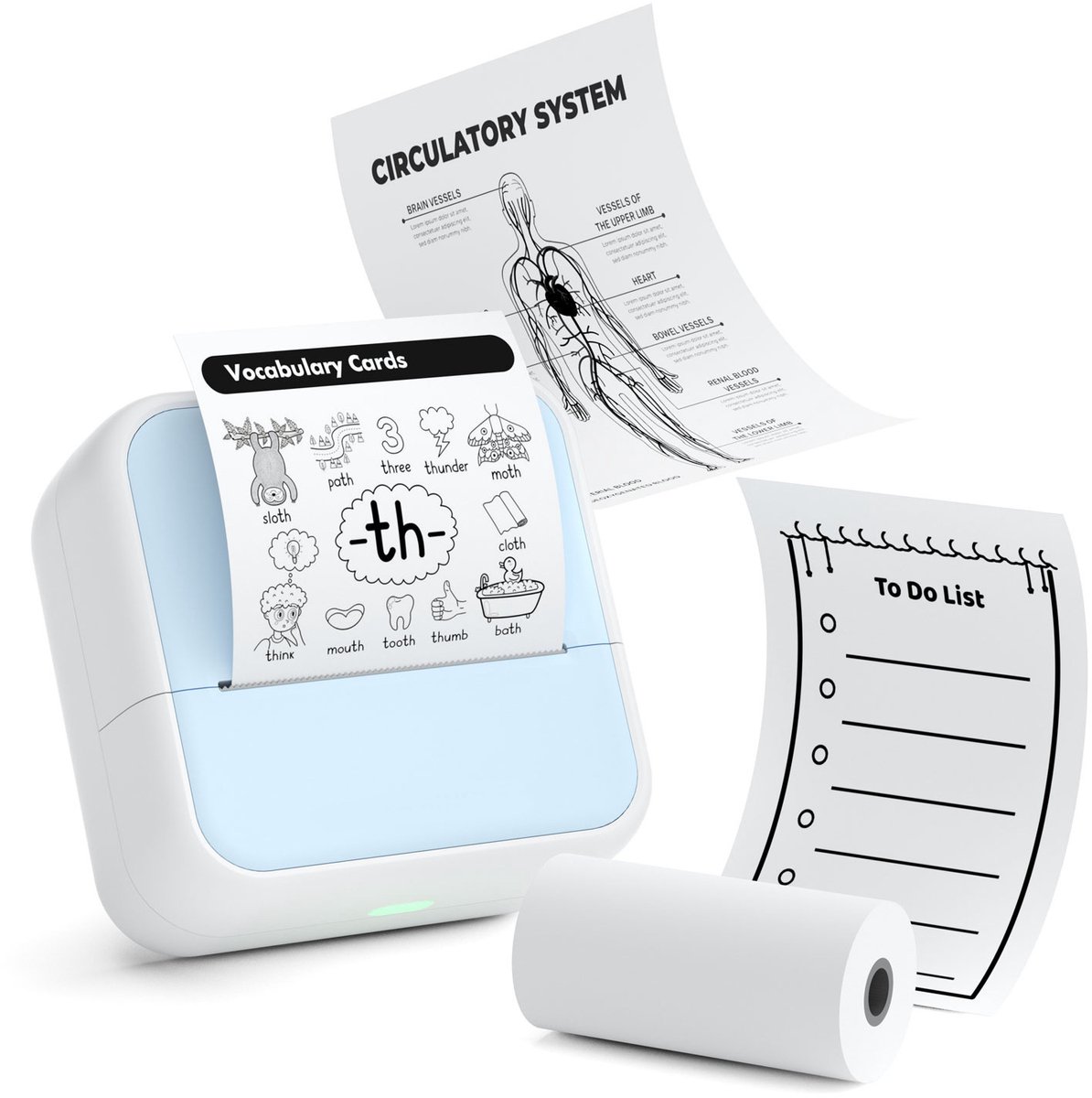 Draagbare thermische stickerprinter (zonder inkt) – Inclusief 4 rollen papier – Labelmaker – Geschikt voor cadeaus, studenten, leerkrachten, scholen en doe-het-zelfprojecten – Mini-stickerprinter – Stickermaker – Blauw